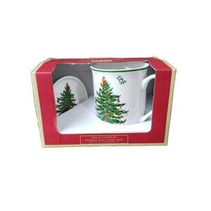Spode Christmas Tree Mug & Coaster Set New Old Stock Holiday Ceramic Decor